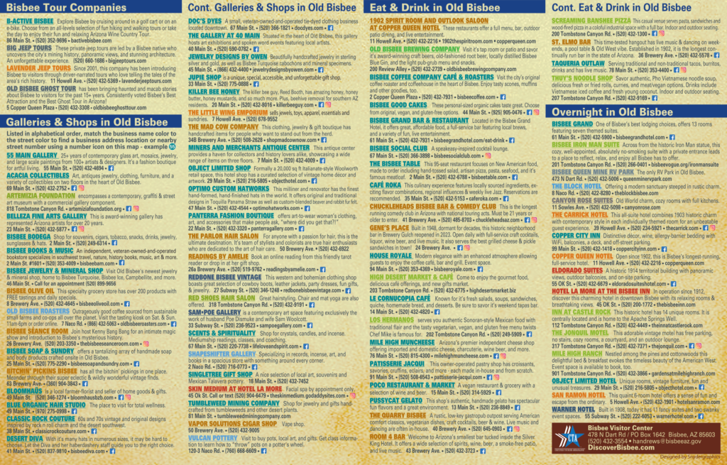 Old Bisbee listings page 3 of 4 for the Discover Bisbee brochure and map