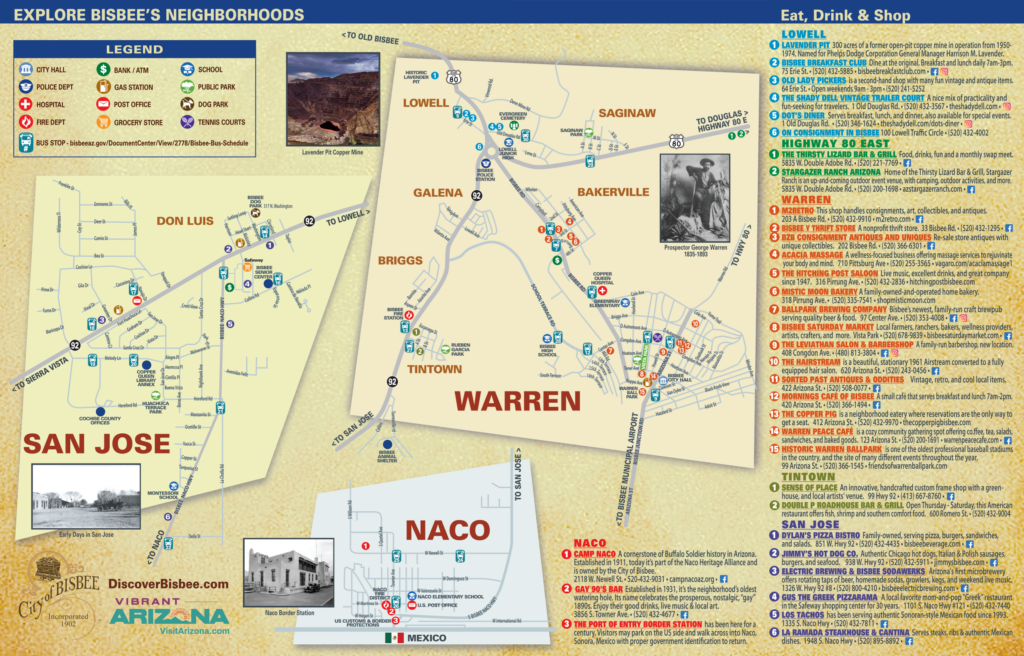 Greater Bisbee Warren Naco San Jose page 4 of 4 for the Discover Bisbee brochure and map